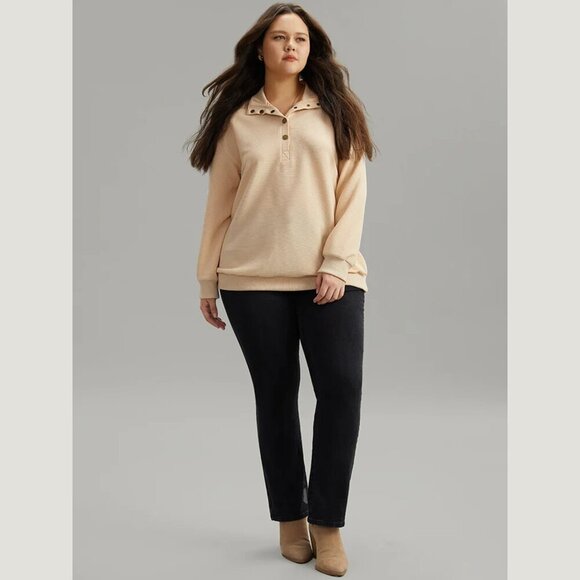 BloomChic Apricot Plisse Lapel Collar Button Up Sweatshirt - Picture 2 of 7